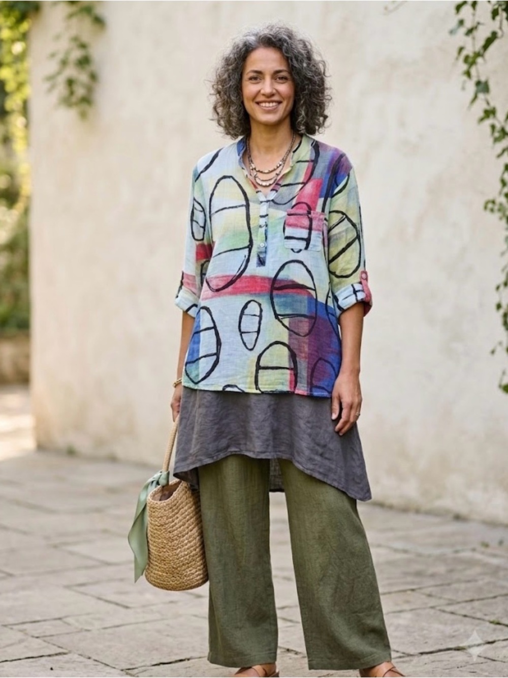 Italian Abstract Multicolor Linen-Blend Tunic Top - Relaxed V-Neck